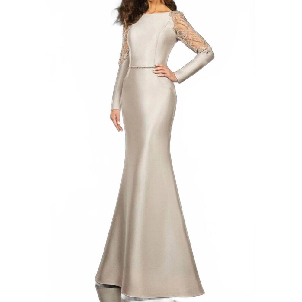 NEW TERANI COUTURE long-sleeve mermaid sheath evening gown in taupe